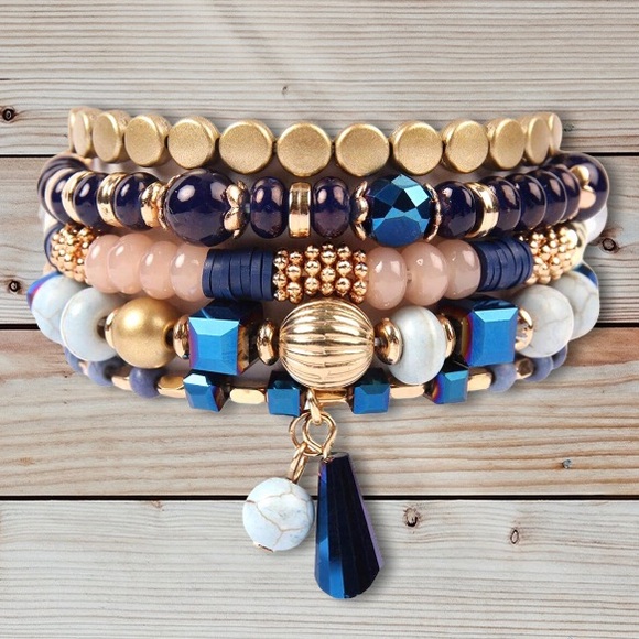 Trendy boutique Jewelry - Stacked Bracelets (5) Natural Blues Tassel NWT